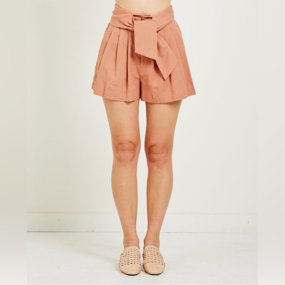 Ulla‎ Johnson Martim Twill High-Waist Pleated Paperbag Boho Shorts in Clay
